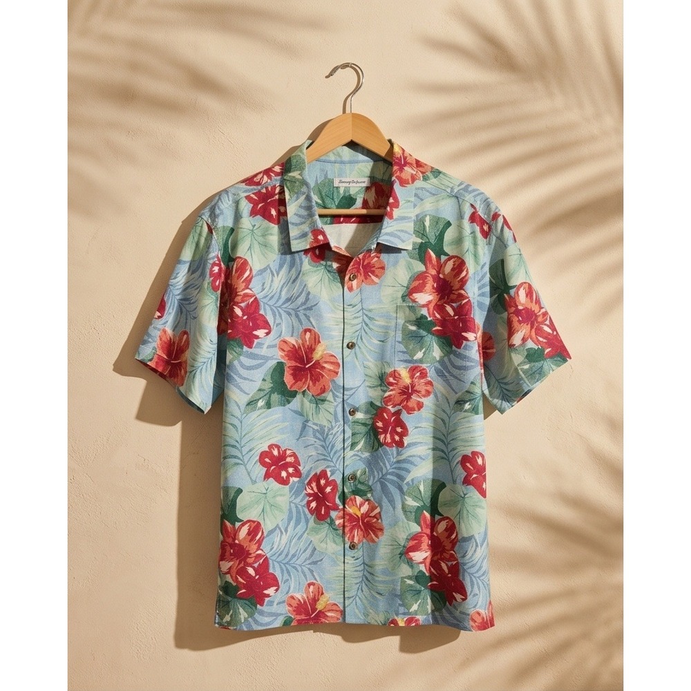 Tommy‎ Bahama XXL Fridas Garden 100% Silk Camp Shirt Morning Sky Blue Floral NWT